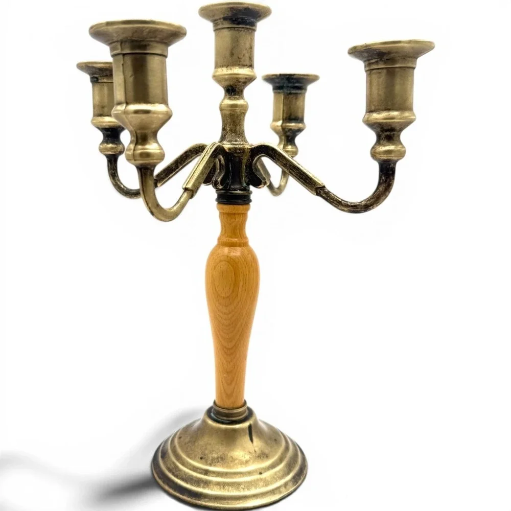 Vintage Italian Brass Wood 5 Arm Candelabra Candle Holder Made in Italy 12
